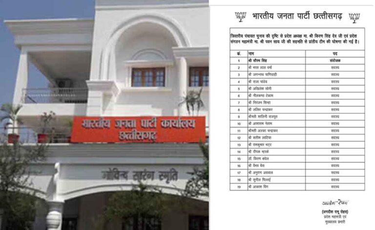 छत्तीसगढ़-त्रि-स्तरीय पंचायत चुनाव की बीजेपी ने बनाई प्रांतीय टीम, सौरभ सिंह संयोजक सहित सदस्य झोकेंगे ताकत छत्तीसगढ़-त्रि-स्तरीय पंचायत चुनाव की बीजेपी ने बनाई प्रांतीय टीम, सौरभ सिंह संयोजक सहित सदस्य झोकेंगे ताकत