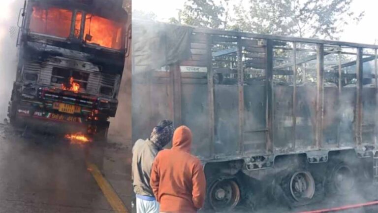 मंडला में बड़ा हादसा: अंजनिया बायपास पर ट्रक का टायर फटा, आग और धमाके से मचा हड़कंप